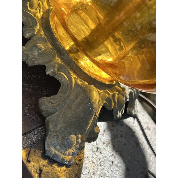 Vtg Mid Century Optical Amber Glass & Brass Hollywood Table lamp Big - Picture 6 of 16